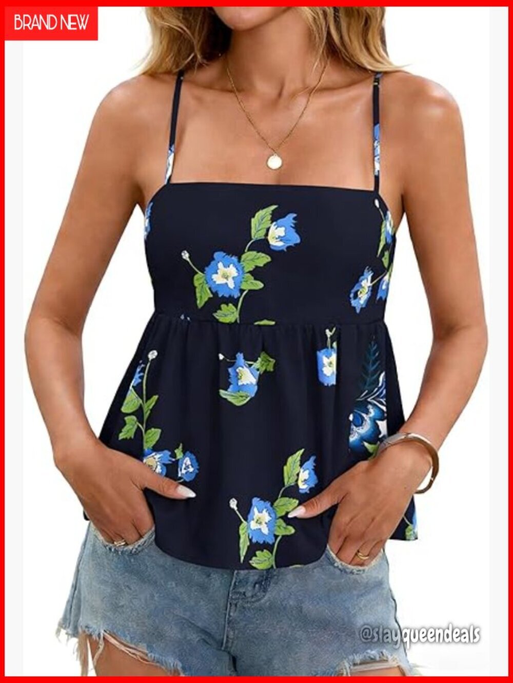 Babydoll Peplum Tank Top Square Neck Spaghetti Strap Flowy Summer Top